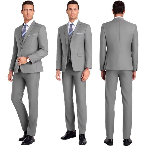 Men's Notched Lapel Grey Groomsmen Slim Fit 3 Pieces Suit for Wedding - Picture 4 of 7